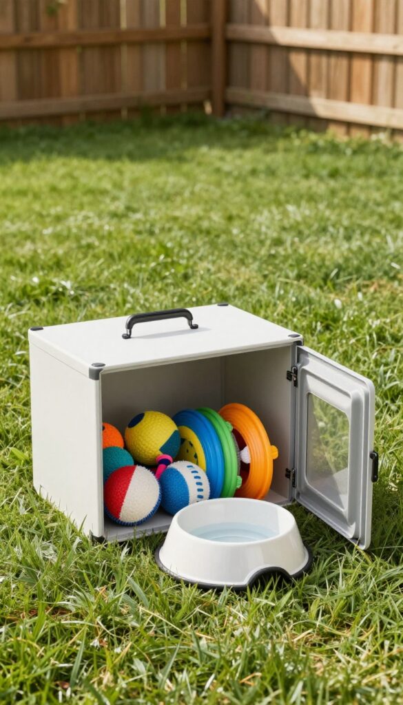 A weatherproof backyard storage box filled with dog toys and a water bowl, showcasing a tidy outdoor setup for easy access to pet supplies.