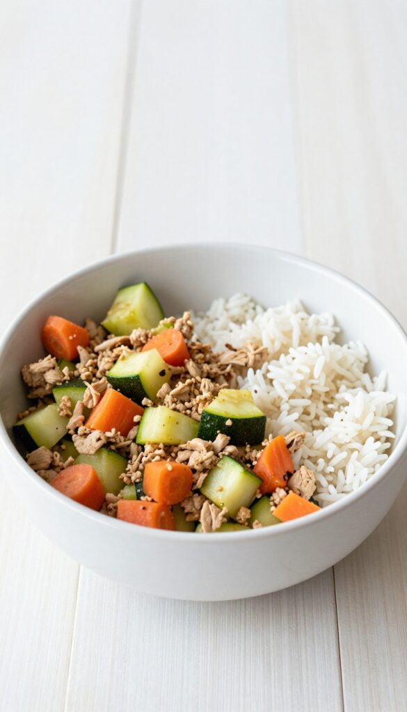 A bowl of homemade dog food with ground turkey, zucchini, carrots, and rice, arranged in a clean, bright setting for a dog recipe blog.