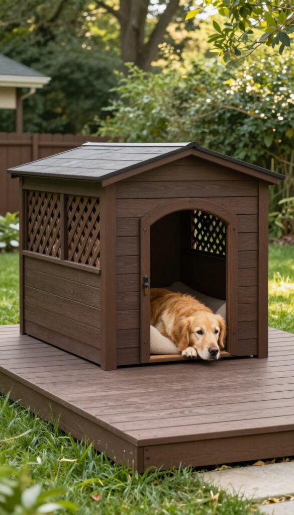 Under-deck dog den with lattice siding and a dog peeking out of the entrance