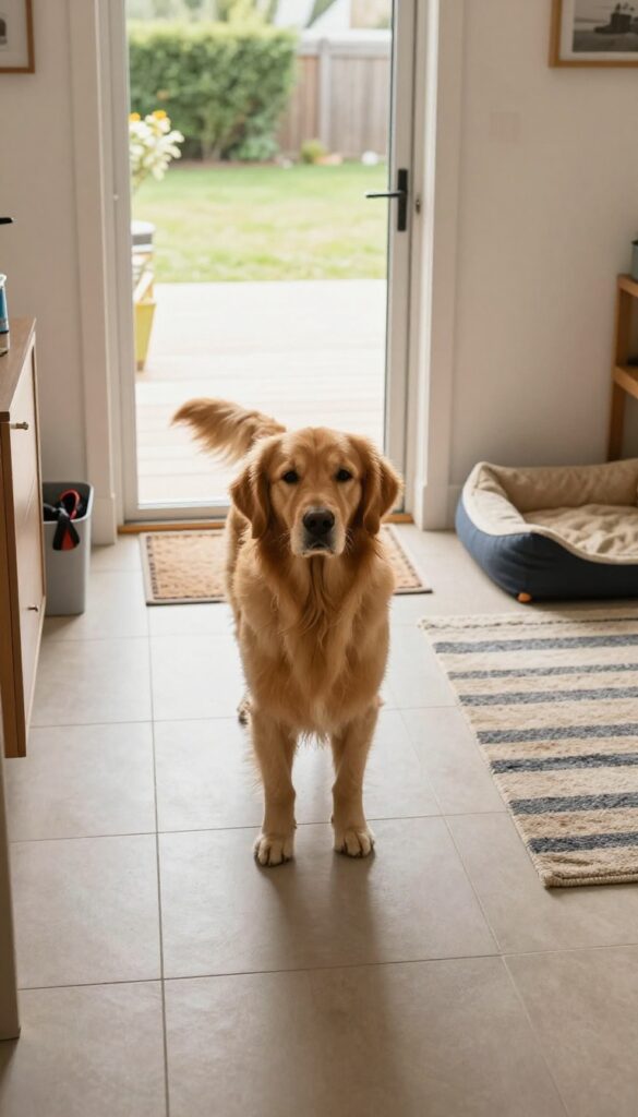 Dog room with dog door to yard, tile flooring, pet bed, and storage bin