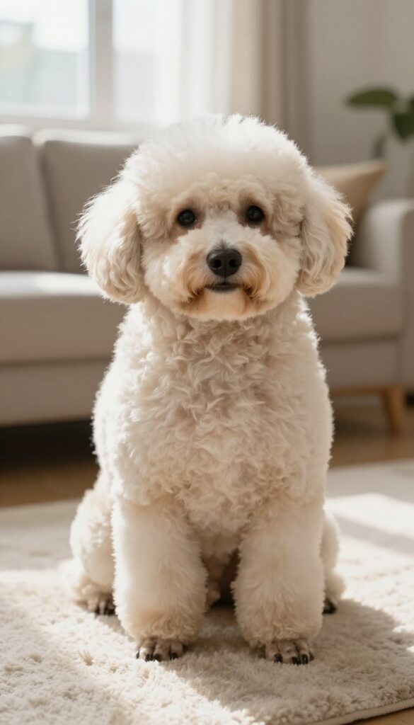 A poodle with a Lamb Cut grooming style, featuring a fluffy body and trimmed legs, sitting indoors in natural light.
