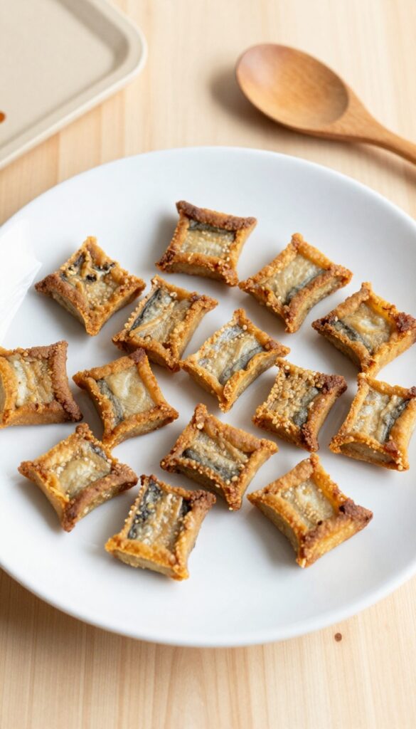 Homemade sardine crunch squares for dogs, golden-brown and square-shaped on a white plate, with a baking tray and wooden spoon in the background, in a clean, natural light setting.