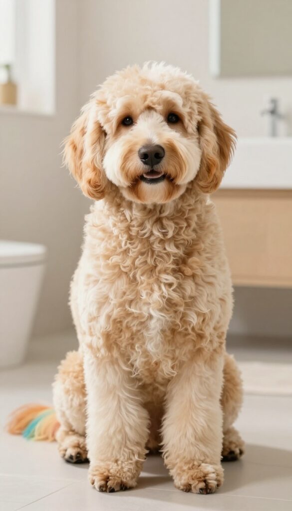 A goldendoodle with safe, temporary color accents on its ears and tail, photographed in natural light to inspire creative doodle haircut ideas.