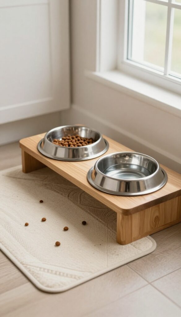 A dog feeding station with elevated bowls on a wooden stand and a washable mat in a bright kitchen corner.