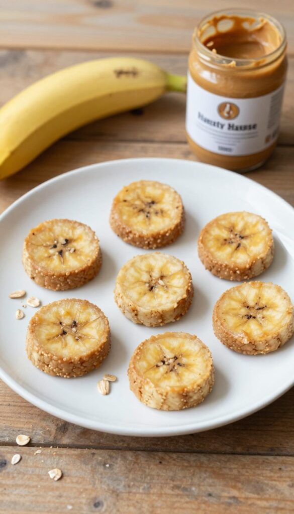 Homemade soft peanut butter banana dog treats on a plate with natural ingredients, ready for quick snacking.