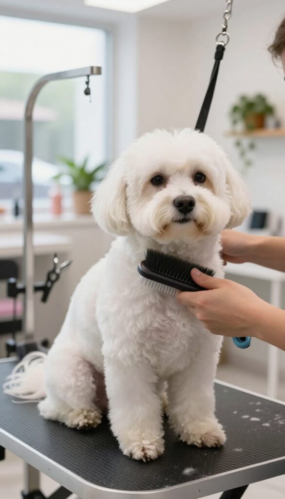 A Maltese dog being gently groomed by professional hands in a bright salon setting, showcasing regular maintenance to prevent mats.