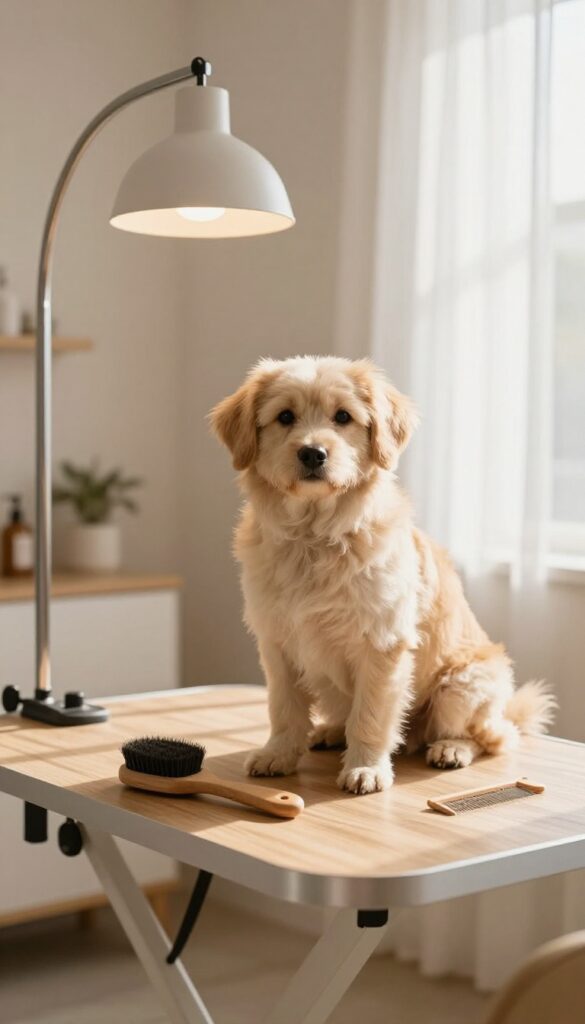 A photorealistic image of a calm dog grooming corner with soft lighting, showing a relaxed dog on a wooden table in a stylish shop setup.