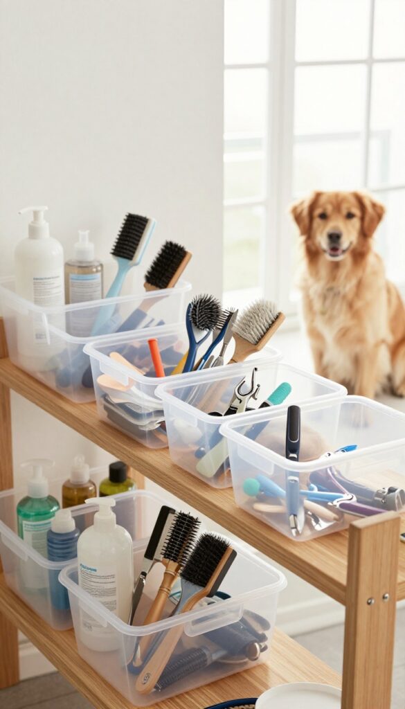 A well-organized dog grooming room with clear bins holding grooming supplies on a shelf, showcasing easy access and tidiness for home grooming.