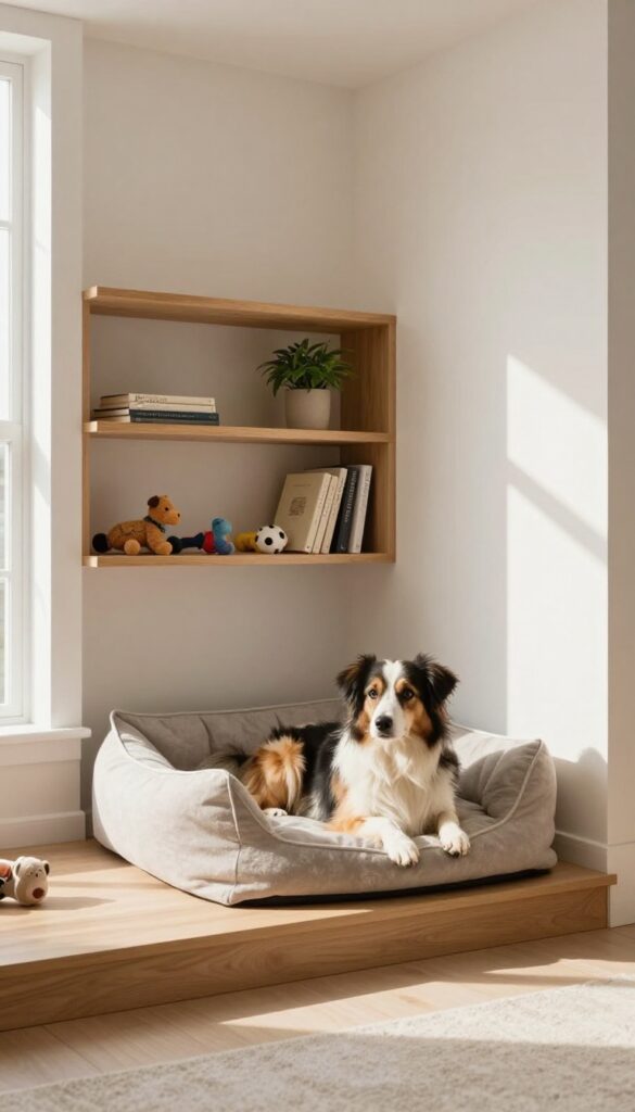 Cozy dog bed alcove with built-in shelving in a bright living room