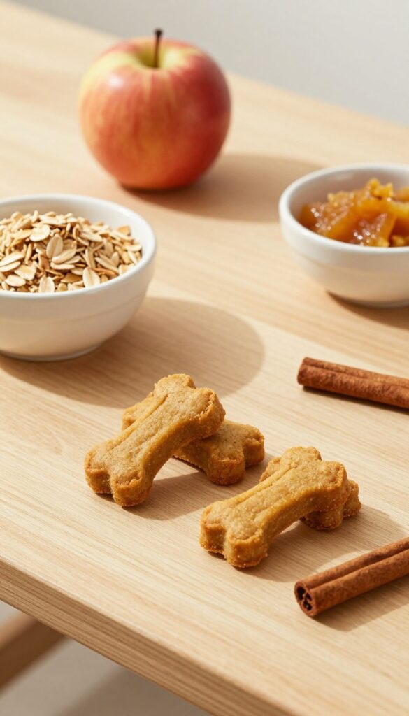A close-up of soft apple cinnamon dog treats on a plain wooden surface, with ingredients like unsweetened applesauce and oat flour in plain bowls, showcasing a homemade dog treat recipe in bright natural light.