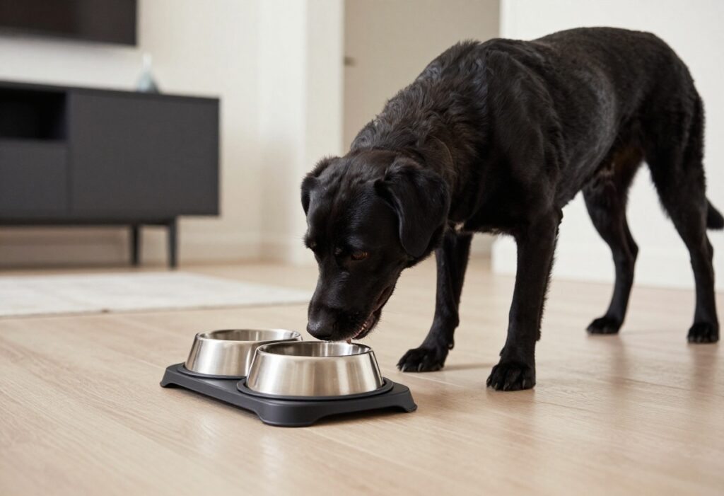 A stylish black dog feeding station with elevated bowls in a contemporary home, showcasing a clean and organized setup for pet meals.