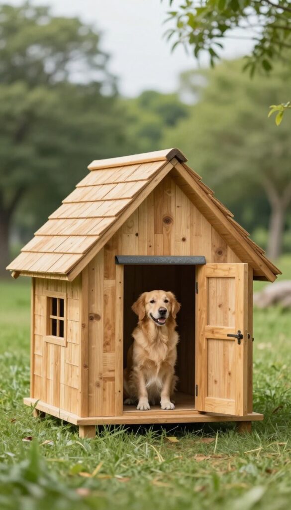 Rustic A-frame cabin dog house with cedar shingles and a Golden Retriever sitting beside it in a sunny backyard.