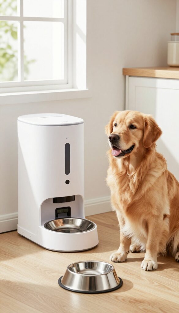 Automatic timed dog food dispenser in a bright kitchen with a Golden Retriever waiting patiently for its meal.