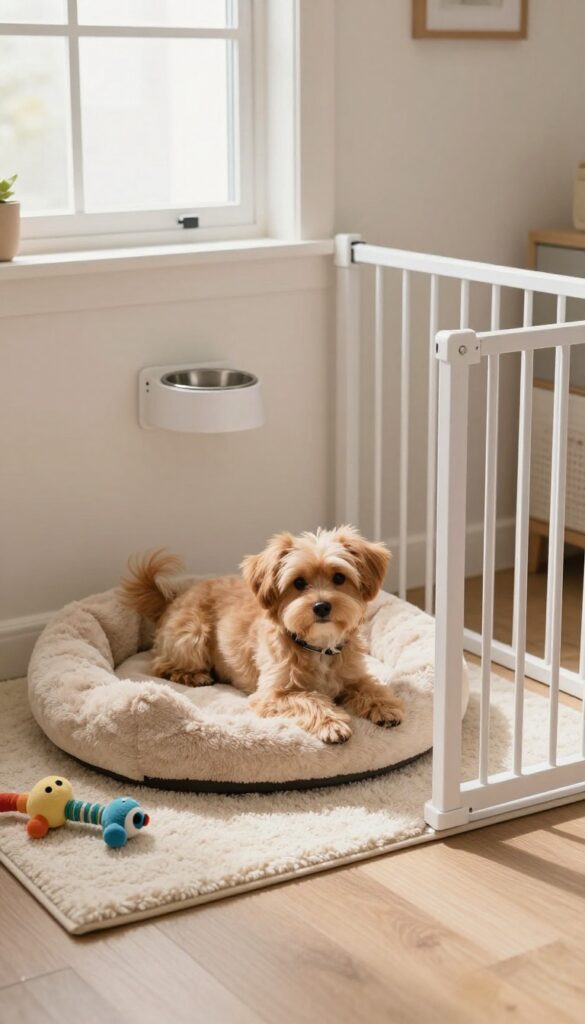 Cozy closet conversion with baby gate and plush dog bed