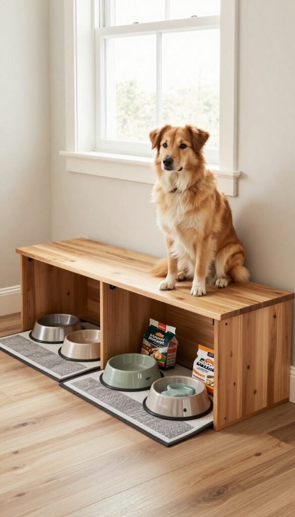 A built-in bench with hidden compartments for dog food storage in a bright mudroom, featuring a dog sitting nearby.