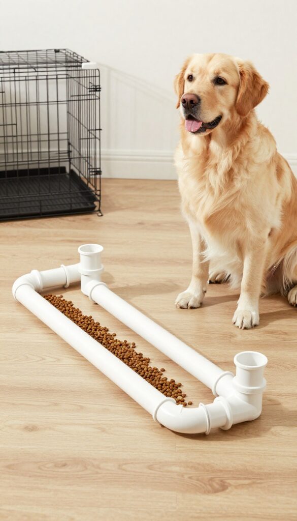 A DIY PVC pipe dog food dispenser in a bright home setting, with dry kibble inside and a dog waiting nearby.