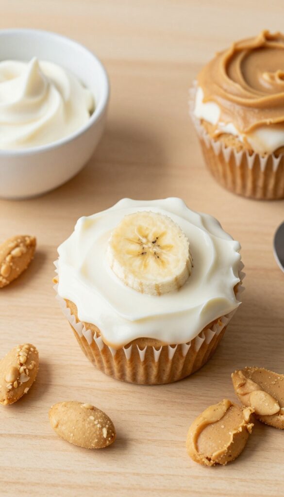 Homemade peanut butter banana pupcake for dogs on wooden surface