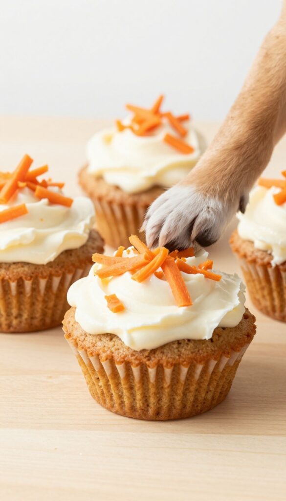Homemade carrot cake pupcake for dogs with cream cheese frosting on a wooden surface, dog paw reaching for it.