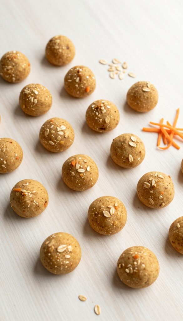 Batch of homemade carrot oat dog treats on a wooden surface