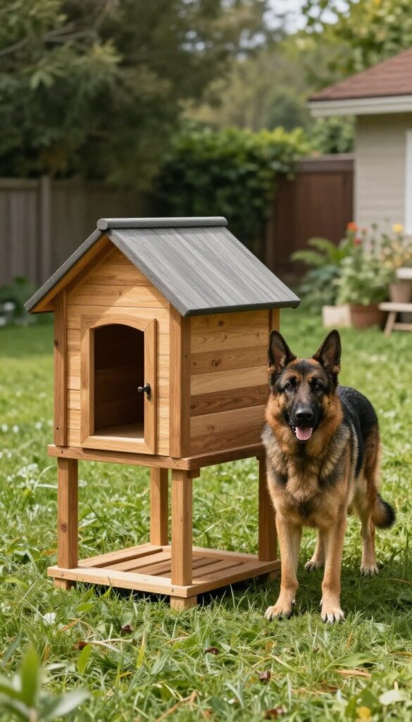 Hardwood dog house with elevated base in a sunny backyard with a German Shepherd