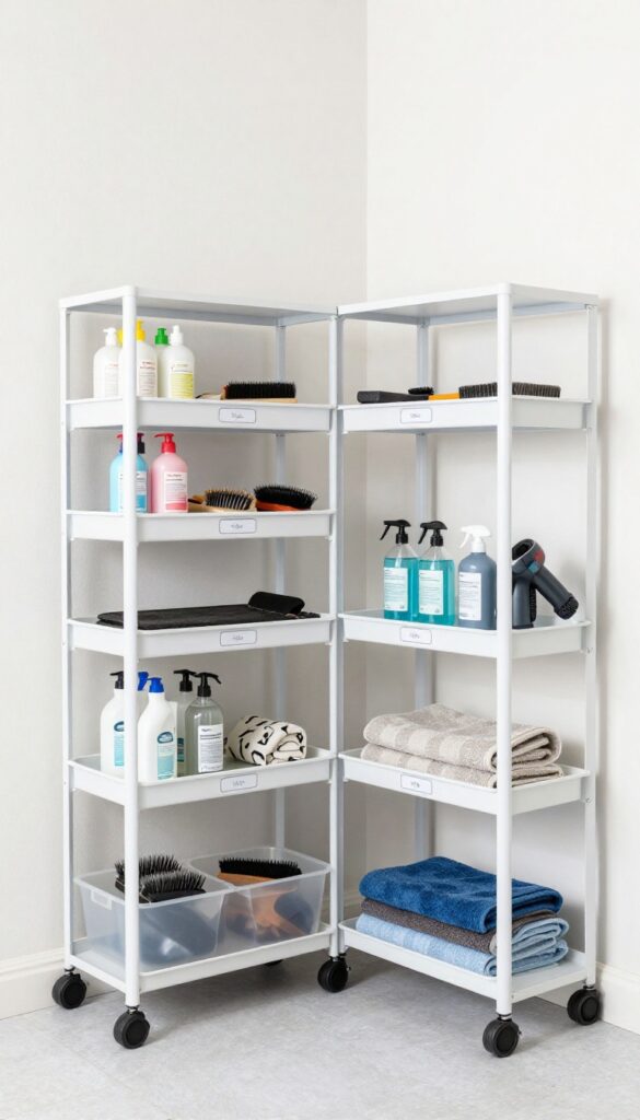 Modular shelving for flexible organization in a mobile dog grooming setup