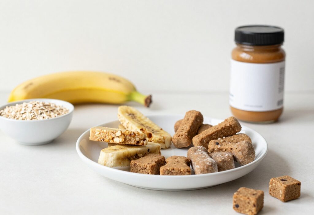 A variety of homemade oat-based dog treats, including banana oat bites, oat biscuits, and frozen snacks, arranged with ingredients like oats, banana, and peanut butter on a plain wooden surface, in bright natural light.