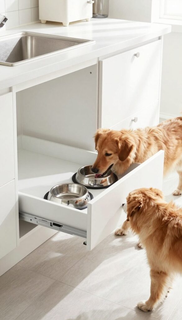 Pull-out feeding drawer with dog bowls inside a cabinet, dog eating