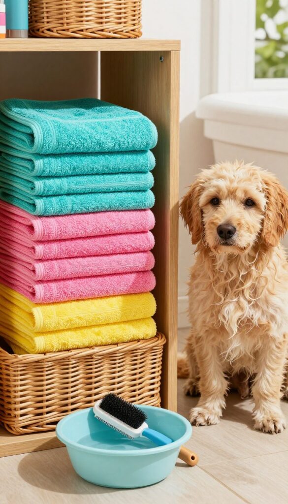 A stack of vibrant towels for easy cleanup during dog grooming, with a calm dog nearby in a bright, natural-lit home setting.