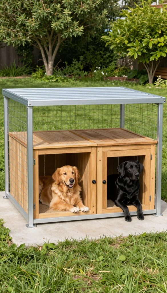 Outdoor double dog kennel with covered run and two separate compartments in a sunny backyard.