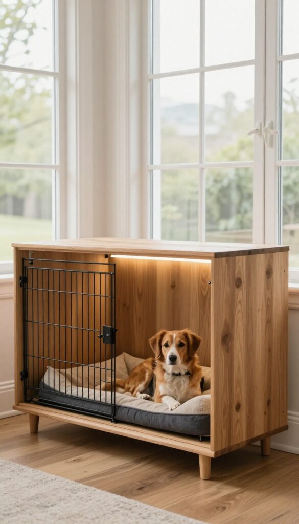 Custom built-in crate furniture with plush bed and soft lighting in a bright living room