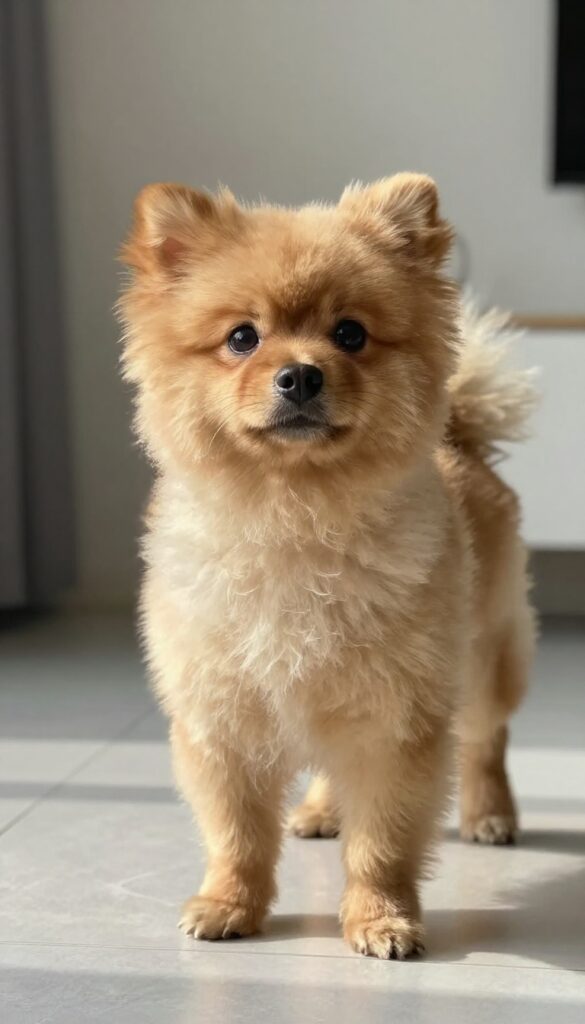 A Pomeranian dog with a lion cut grooming style, featuring a shaved body and fluffy mane, in bright natural light for a dog grooming blog.