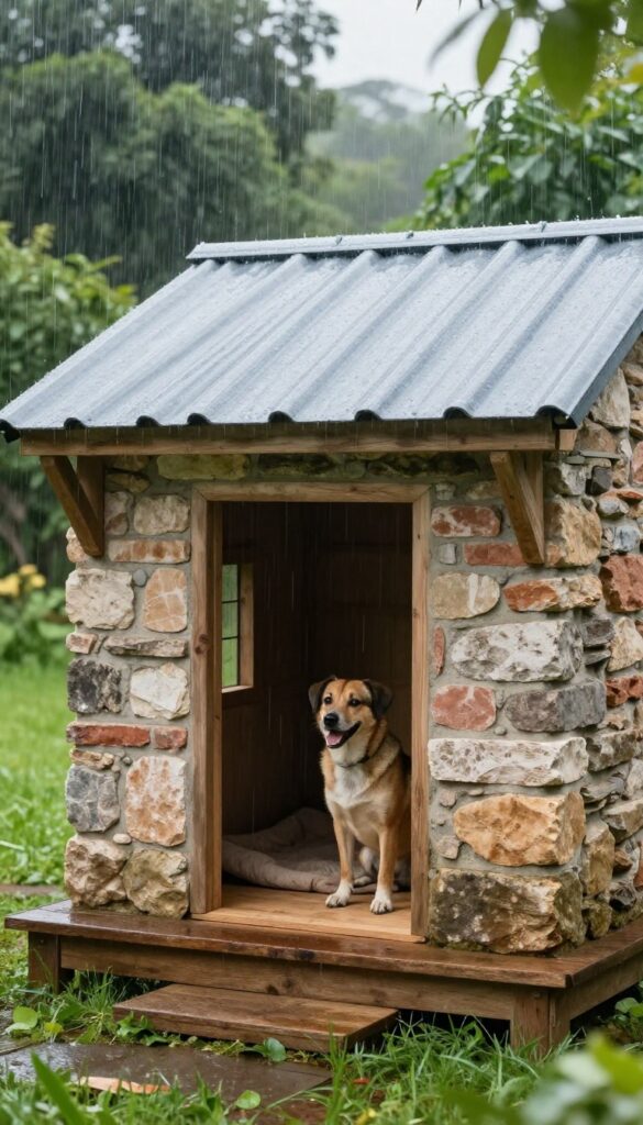 Stone and brick dog house with sloped roof, raised wooden floor, and a dog sitting inside during rain.