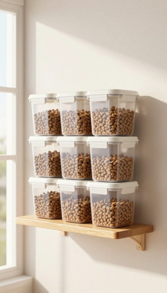 A floating shelf with sealed containers for storing dog food in a bright, modern home setting.