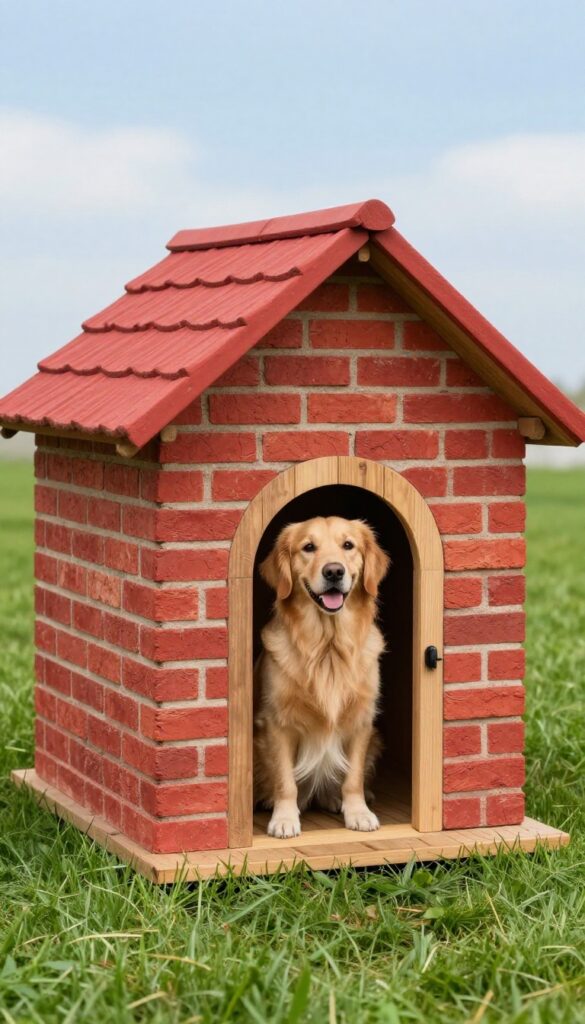 Classic red brick dog house with sloped roof in sunny backyard