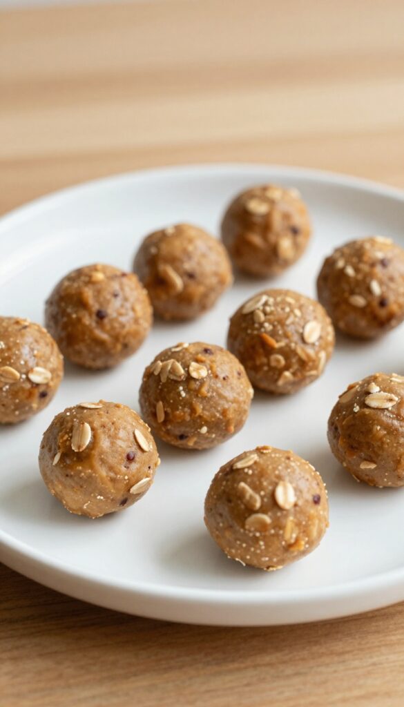 Homemade no-bake peanut butter energy balls for dogs, soft and sticky with rolled oats, arranged on a plain white plate in natural light.