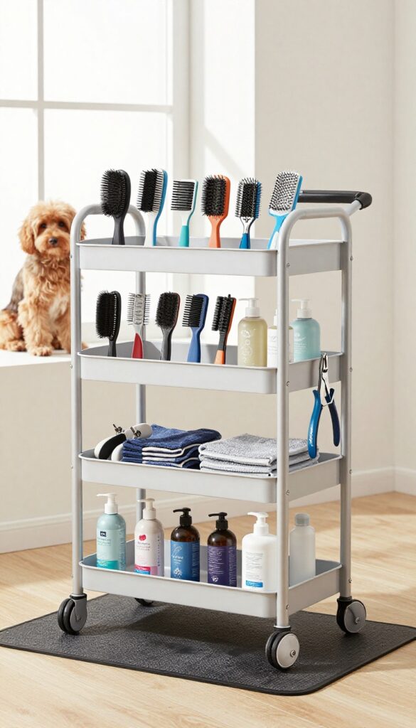 A portable dog grooming station in a small space, featuring a rolling cart with organized supplies and a calm dog, set in bright natural light for safe at-home grooming.