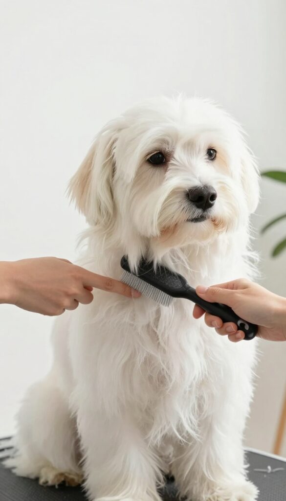 A Maltese dog being groomed with a slicker brush in a bright, natural-lit setting to prevent mats.