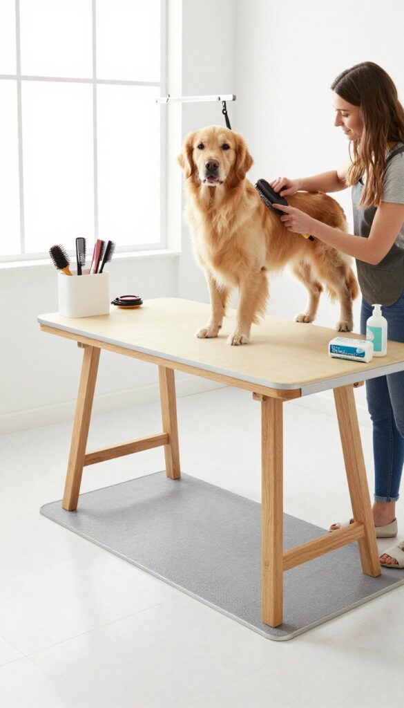 A clean grooming corner with easy-clean surfaces, featuring a dog on a grooming table and organized tools.