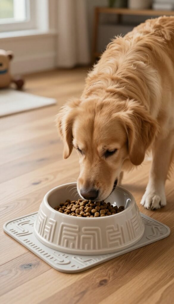 Dog eating from a slow feeder bowl on a non-slip mat in a bright living room