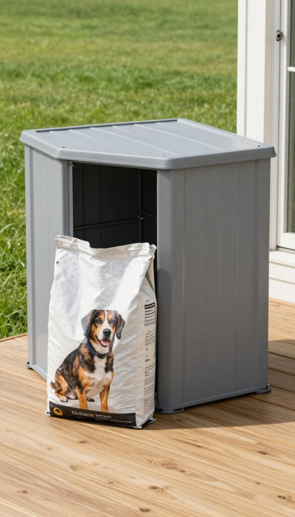 A modern outdoor storage shed on a deck with a large bag of dog food, illustrating pet food storage for bulk quantities in homes with yards.