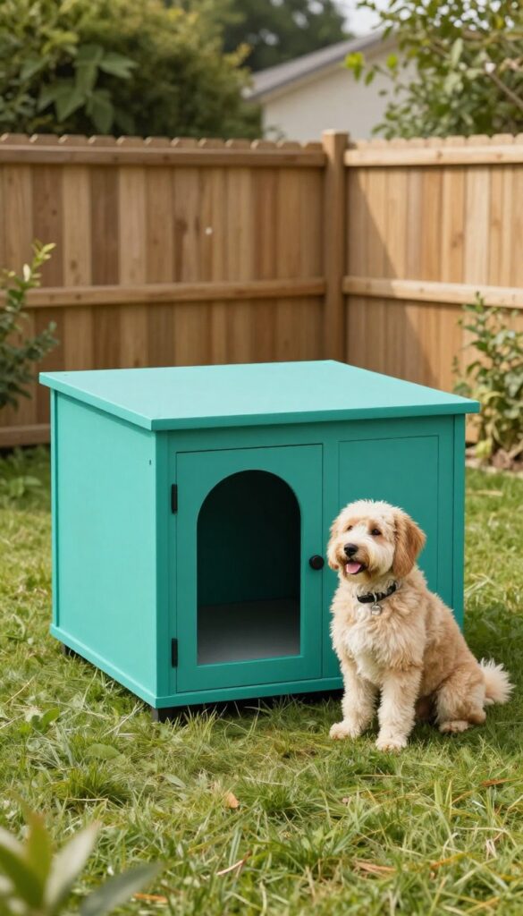 Minimalist cube dog house with flat roof in teal color on grass with a dog sitting beside it