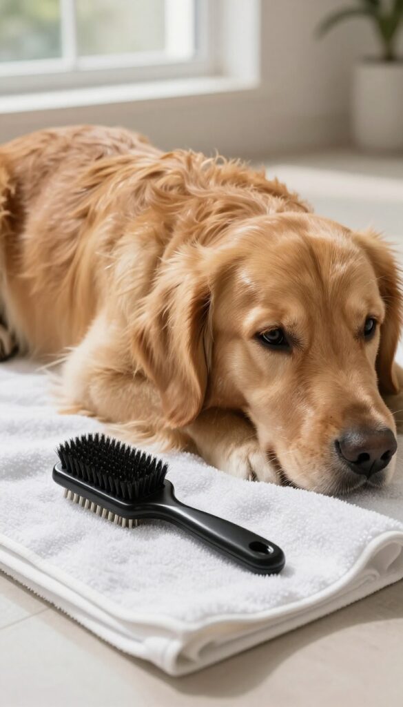 A slicker brush and a well-groomed Golden Retriever in natural light, showcasing tools for tackling tangled fur at home.