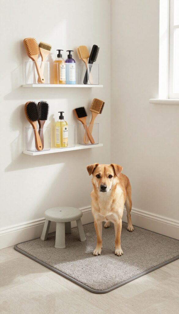A cozy dog grooming nook in a small bathroom corner with organized supplies and a calm dog.