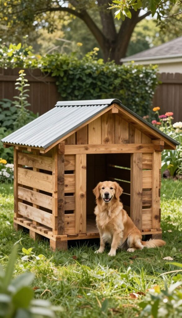 Rustic pallet dog house in sunny backyard with dog