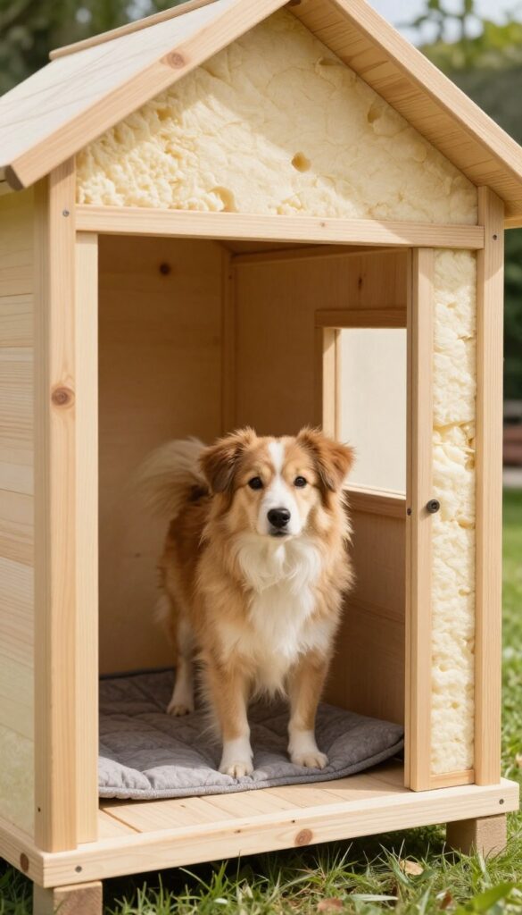 DIY heated dog house with foam insulation and a heated pad inside, a dog peeking out