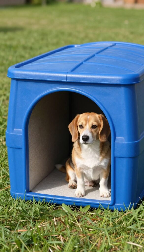 Upcycled plastic barrel dog house with insulation in backyard, dog nearby