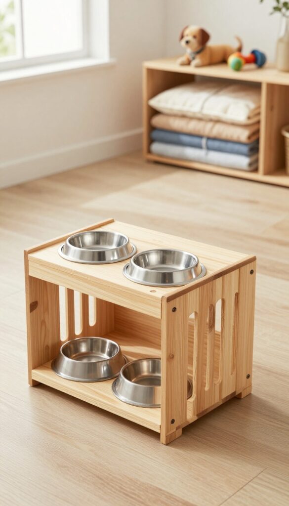 A DIY dog feeding station with a wooden topper on a crate, featuring bowls on top and storage underneath for blankets and toys in a bright, tidy home setting.