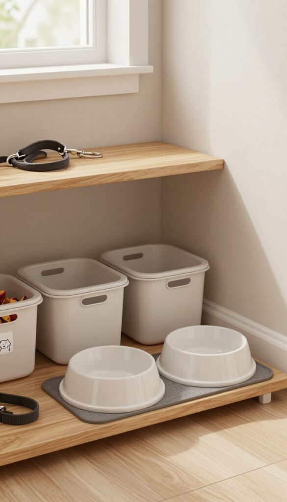 A photorealistic view of an organized dog feeding station in a pantry, with bowls, airtight food storage, and accessories in bright natural light.