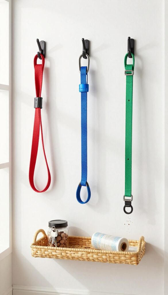 Entryway with hooks holding dog leashes and a basket for keys and treats