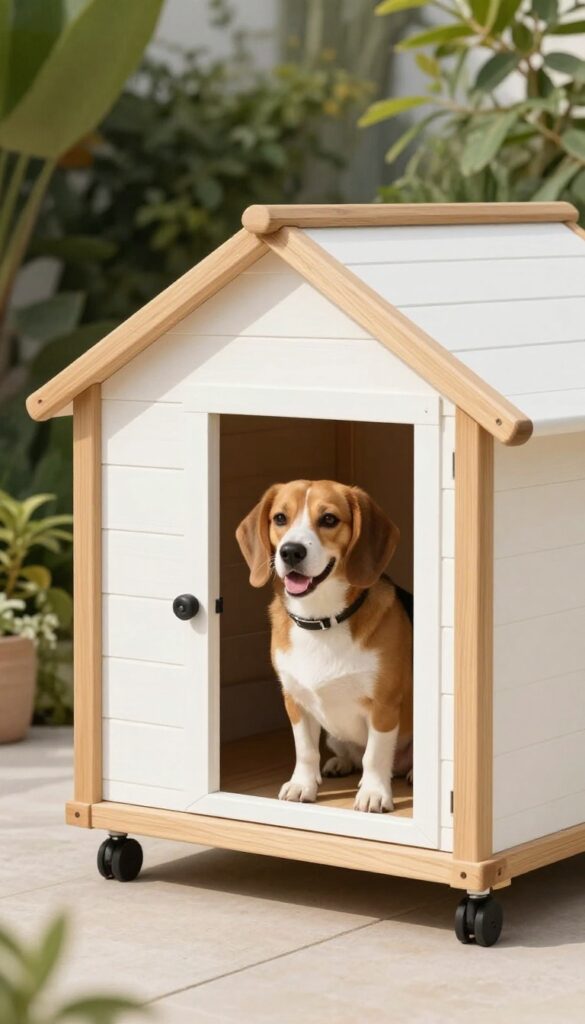 Portable wooden dog house on wheels with a dog peeking out on a sunny patio.
